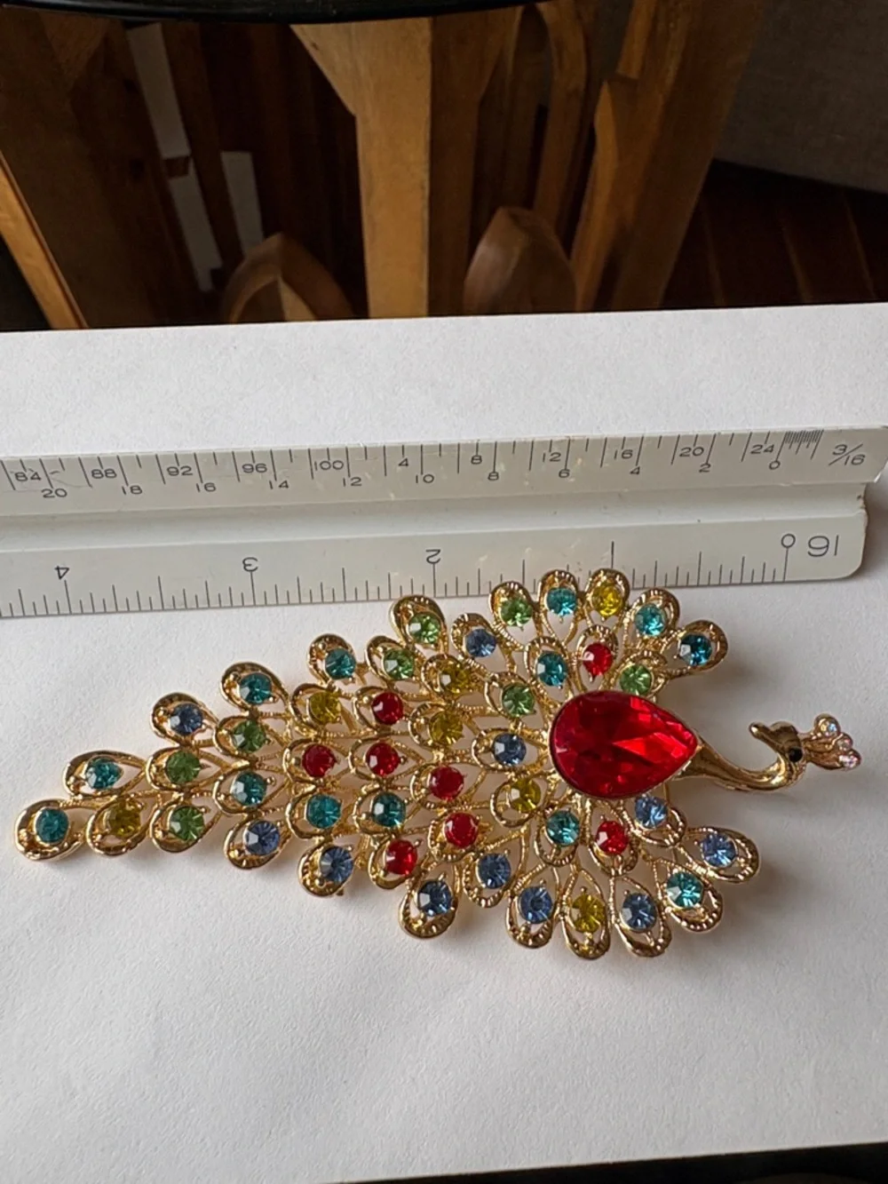 Gold Peacock Brooch with Multicolor and Red Center